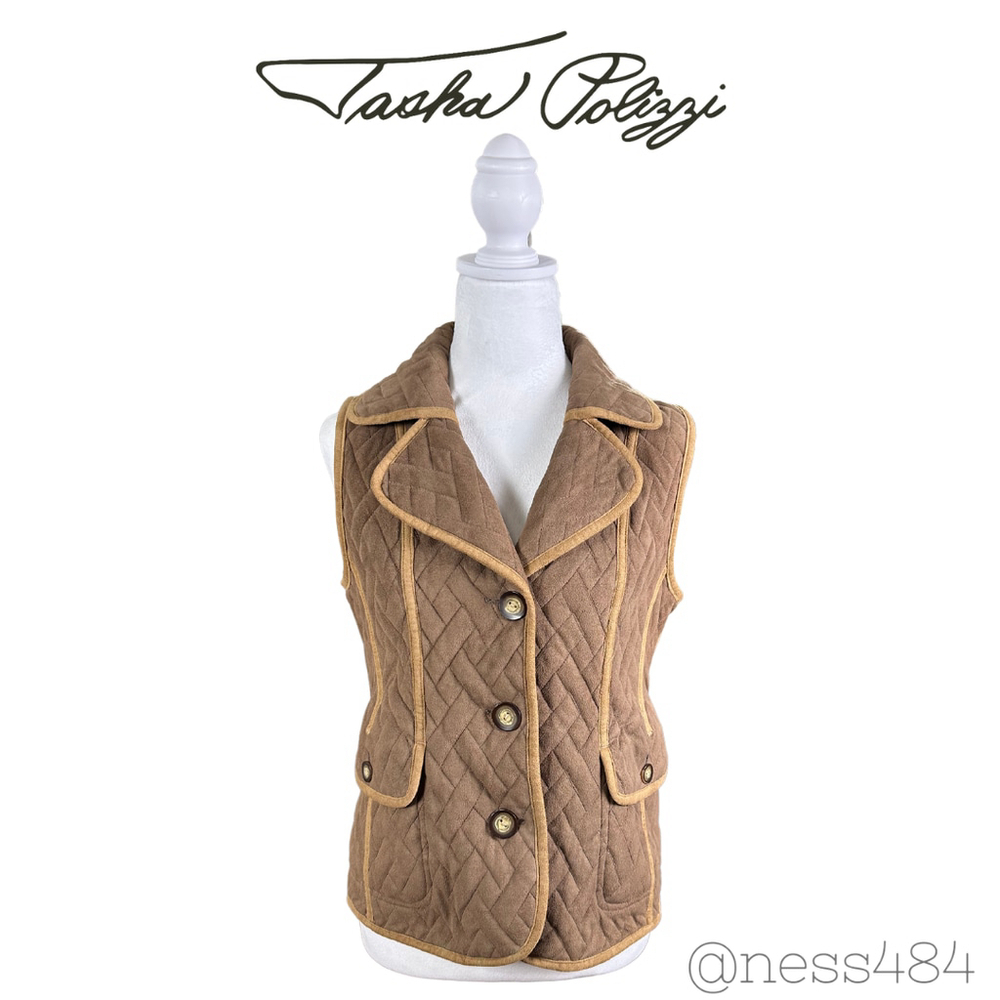Tasha Polizzi Quilted Vest Brown‎ Tan Trim Zebra Lining Women's Size S